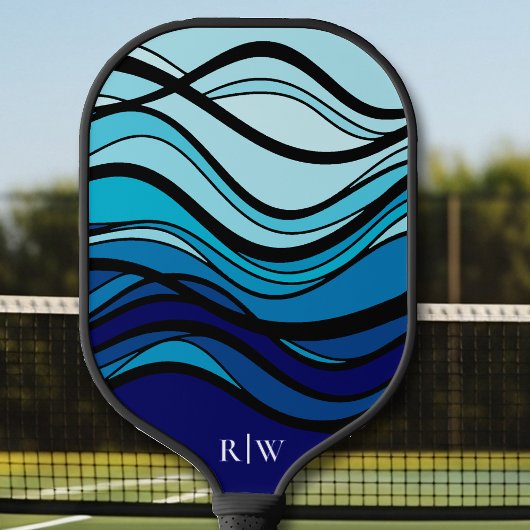 Raquette De Pickleball Monogramme géométrique bleu ondulé