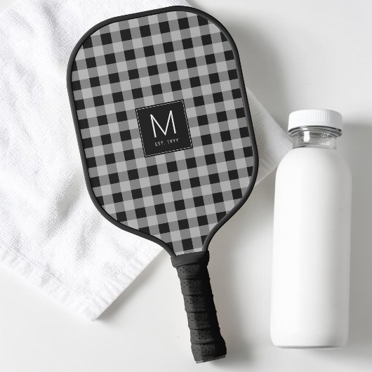 Raquette De Pickleball Monogramme Gingham Noir & Blanc Moderne Établie