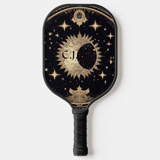 Raquette De Pickleball Monogramme gothique noir et or Eerie Sun Moon (Recto)