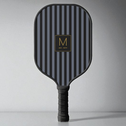 Raquette De Pickleball Monogramme Initial Doré Moderne Rayé Noir Élégant
