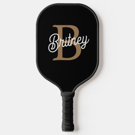 Raquette De Pickleball Monogramme moderne élégant Nom Black Gold Script (Recto)