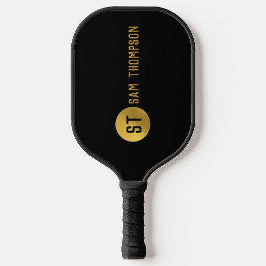 Raquette De Pickleball Monogramme moderne noir & or élégant personnalisé (Recto)