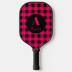 Raquette De Pickleball Monogramme moderne Plaid Hot Pink Noir