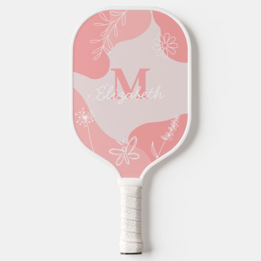 Raquette De Pickleball Monogramme moderne rose pâle | Doodles fleurs sauv (Recto)