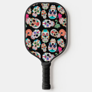 Raquette De Pickleball Monogramme Motif de crânes de sucre colorés