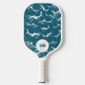Raquette De Pickleball Monogramme Motif de requins bleus en détresse (Verso)