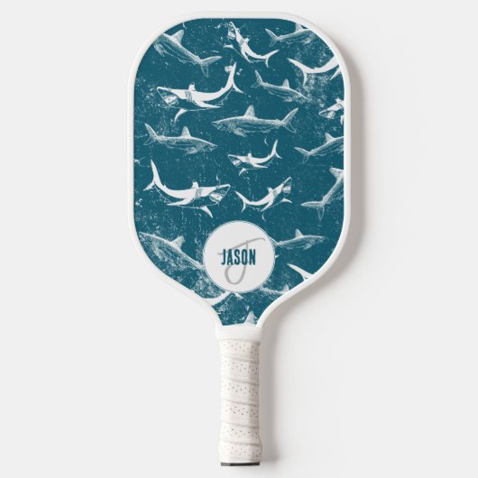 Raquette De Pickleball Monogramme Motif de requins bleus en détresse (Recto)