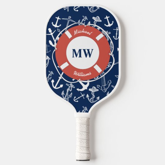 Raquette De Pickleball Monogramme nautique Ancre bleu marine Motif (Recto)