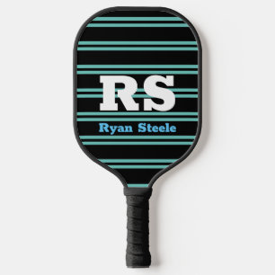 Raquette De Pickleball Monogramme & nom en gras, Lt Turquoise Lignes sur 