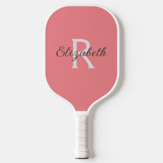 Raquette De Pickleball Monogramme Nom Initial Rose Corail Gris Blanc (Recto)