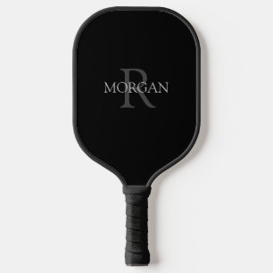 Raquette De Pickleball Monogramme & nom, Noir tendance avec texte gris