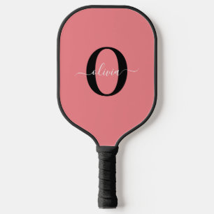 Raquette De Pickleball Monogramme personnalisé Nom de script noir blanc r