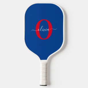 Raquette De Pickleball Monogramme personnalisé Nom du script Bleu Blanc R