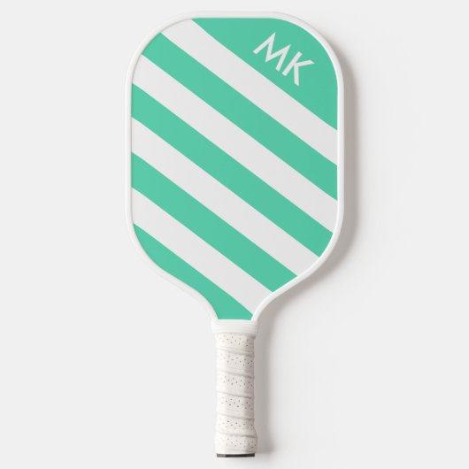 Raquette De Pickleball Monogramme rayé de sarcelle clair et blanc (Recto)