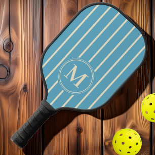 Raquette De Pickleball Monogramme Rayures Milieu de Siècle Aqua Ciel Coul