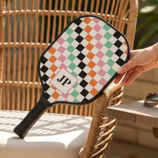 Raquette De Pickleball Monogramme Retro Checkerboard personnalisé Monogra