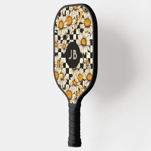 Raquette De Pickleball Monogramme Retro Super Daisy Checkerboard (Gauche)