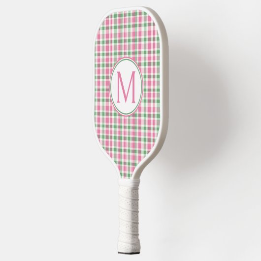 Raquette De Pickleball Monogramme rose et vert preppy (Gauche)