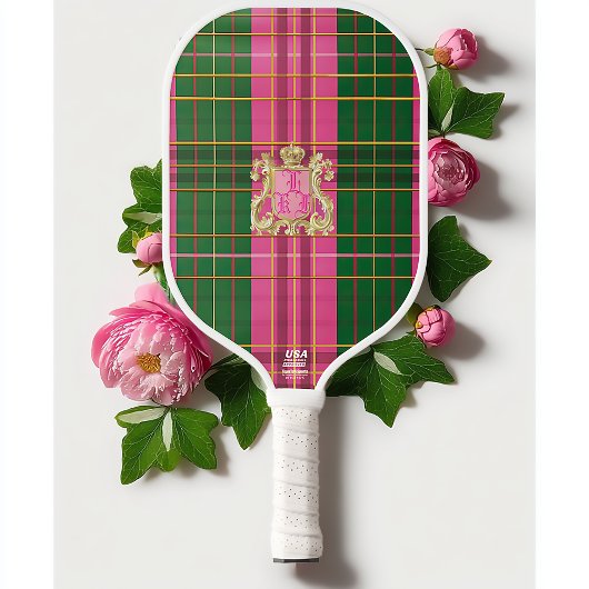 Raquette De Pickleball Monogramme rose et vert préppy Plaid