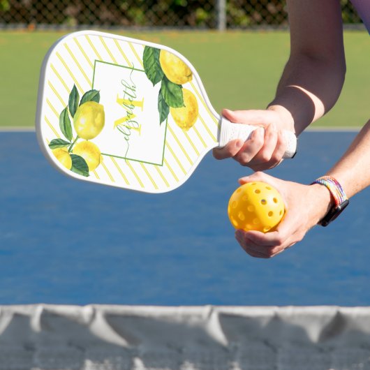 Raquette De Pickleball Monogramme rustique citrons d'aquarelle rayures (Insitu)