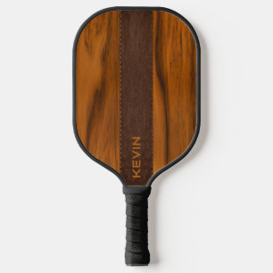 Raquette De Pickleball Monogramme texture bois acajou et cuir