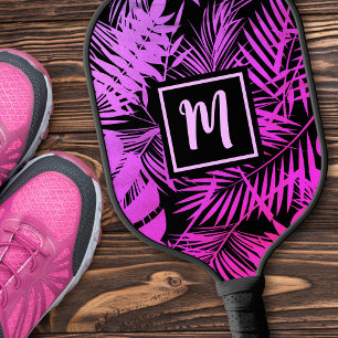 Raquette De Pickleball Monogramme Tropical Pink Ombre Palm Moderne