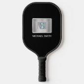 Raquette De Pickleball Monogramme turquoise et gris, Nom blanc Argent, No (Recto)