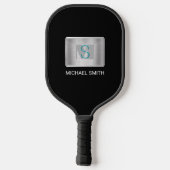 Raquette De Pickleball Monogramme turquoise et gris, Nom blanc Argent, No (Verso)