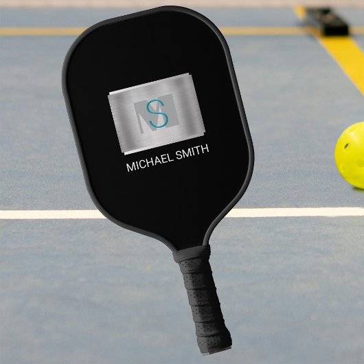 Raquette De Pickleball Monogramme turquoise et gris, Nom blanc Argent, No