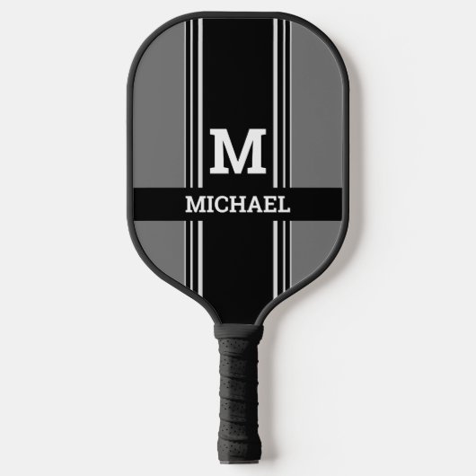 Raquette De Pickleball Monogrammes et nom, Gris et Gris (Recto)