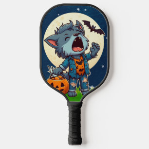 Raquette De Pickleball Monstre de loup-garou mignon hurlant avec citrouil