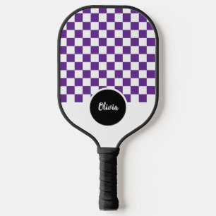 Raquette De Pickleball Motif à carreaux violet et blanc avec nom personna