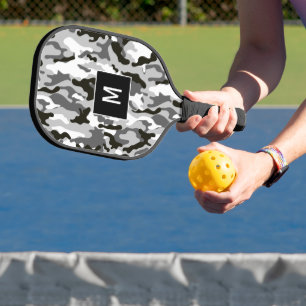 Raquette De Pickleball Motif de camouflage noir et blanc monogramme