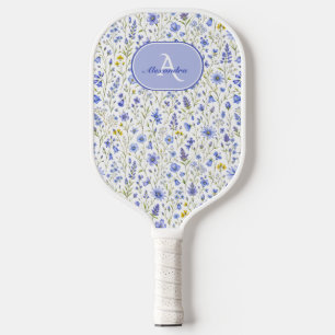 Raquette De Pickleball Motif de fleur sauvage à l'aquarelle bleue Nom per