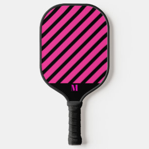 Raquette De Pickleball Motif de rayures noires et roses Monogramme modern