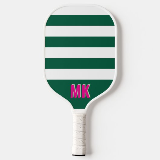 Raquette De Pickleball Motif rayé vert et blanc avec monogramme (Verso)