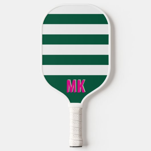 Raquette De Pickleball Motif rayé vert et blanc avec monogramme (Recto)