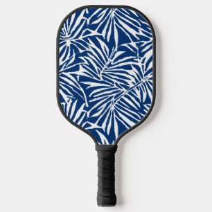 Raquette De Pickleball Motif Répétant de feuille tropicale blanche et ble