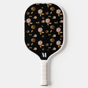 Raquette De Pickleball Motif Rose noir rose or   Monogramme moderne