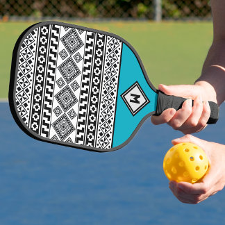 Raquette De Pickleball Motif tribal polynésien géométrique noir et blanc