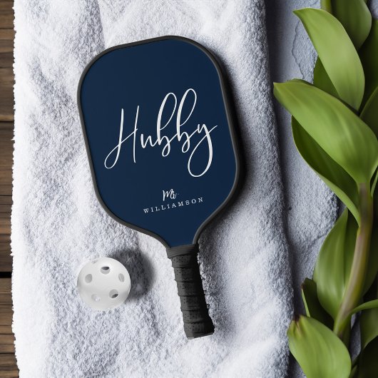 Raquette De Pickleball Navy Modern Minimal Hubby Script Nom personnalisé
