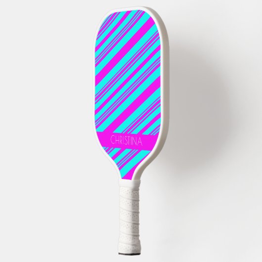 Raquette De Pickleball Neon Rose et Bleu Gris tendance Nom élégant (Gauche)