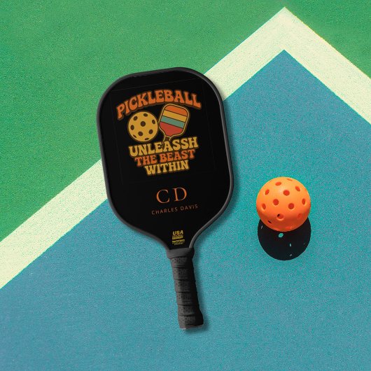 Raquette De Pickleball Noir orange amusant citation rétro monogramme