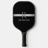 Raquette De Pickleball Nom blanc & Monogramme gris, Barre d'argent sur no (Recto)