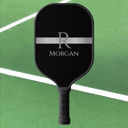 Raquette De Pickleball Nom blanc & Monogramme gris, Barre d'argent sur no