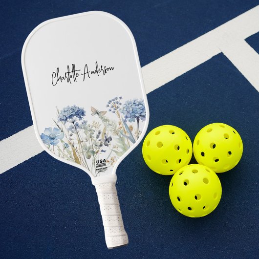 Raquette De Pickleball Nom de fleurs sauvages bleu blanc écriture script