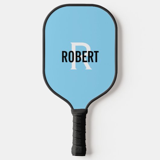 Raquette De Pickleball Nom de monogramme blanc bleu clair moderne (Verso)