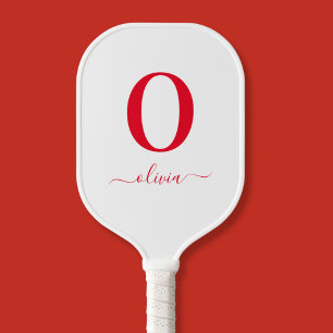 Raquette De Pickleball Nom De Script Monogramme Personnalisé Blanc Et Rou