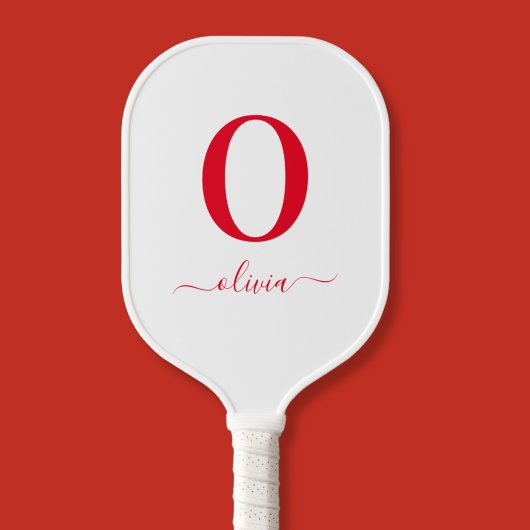 Raquette De Pickleball Nom De Script Monogramme Personnalisé Blanc Et Rou