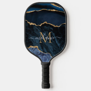 Raquette De Pickleball Nom du monogramme Agate Blue Gold Pickleball Paddl